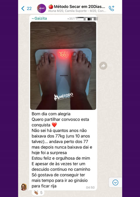 Print de depoimento de aluna comemorando ter ficado abaixo de 77kg